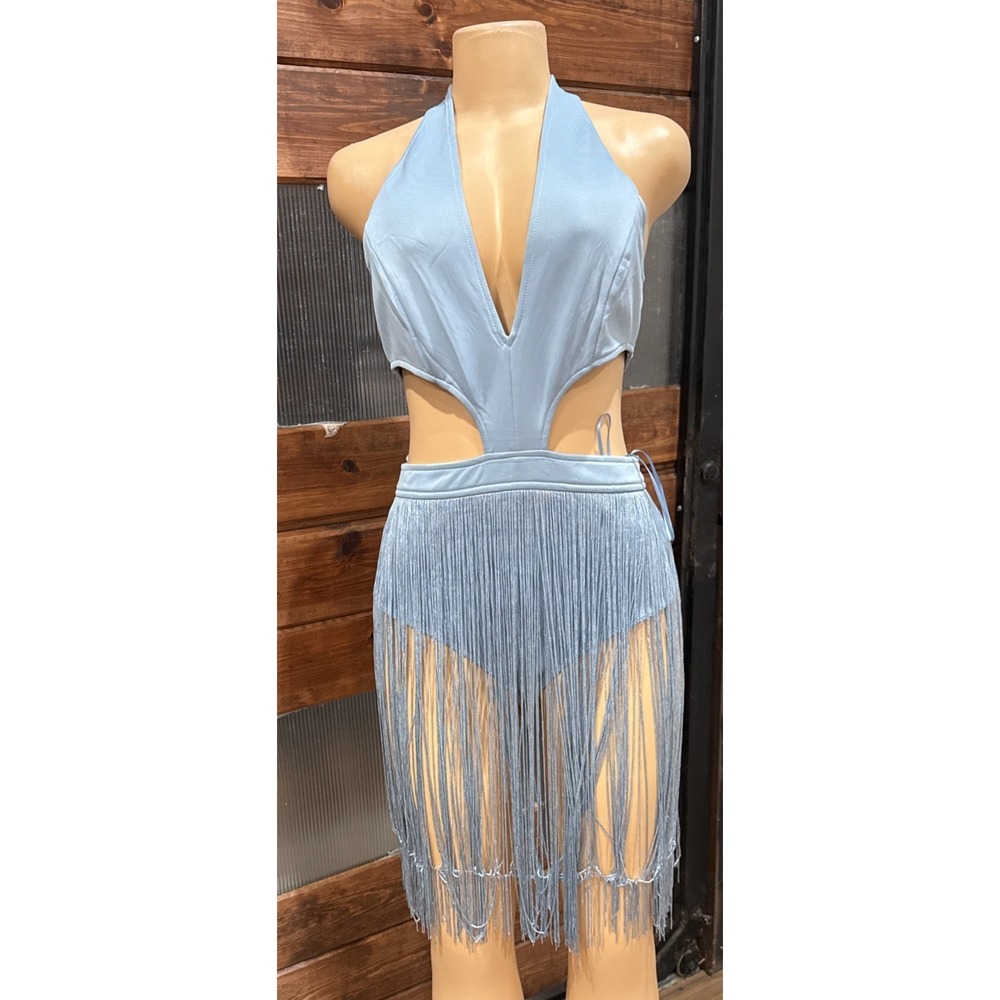 NEW Quii Exquisite Collection Teal Fringe Cutout Dress Womens L Party Festival